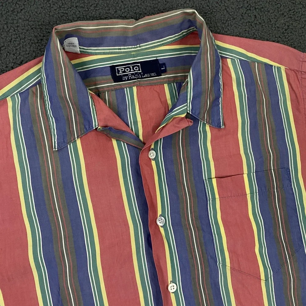 Vintage 90s Polo Ralph Lauren Shirt Mens Large Striped Camp Loop Collar Boxy